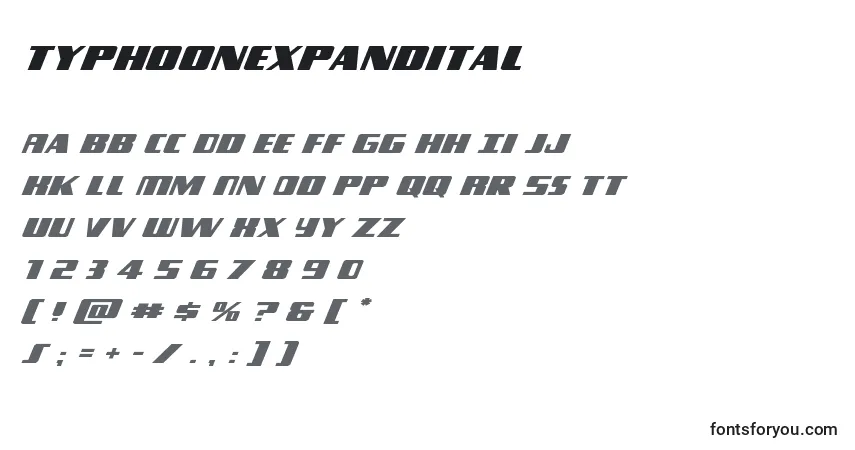 Czcionka Typhoonexpandital – alfabet, cyfry, specjalne znaki