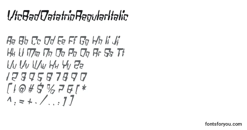 Шрифт VtcBadDatatripRegularItalic – алфавит, цифры, специальные символы