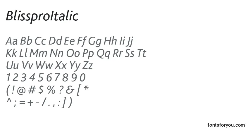 Шрифт BlissproItalic – алфавит, цифры, специальные символы