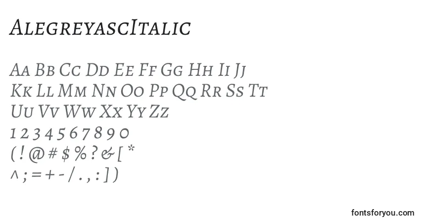Fuente AlegreyascItalic - alfabeto, números, caracteres especiales
