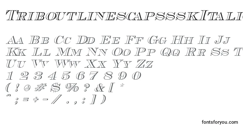 Czcionka TriboutlinescapssskItalic – alfabet, cyfry, specjalne znaki