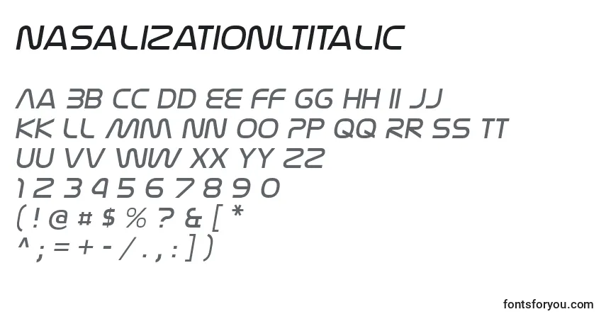 A fonte NasalizationltItalic – alfabeto, números, caracteres especiais