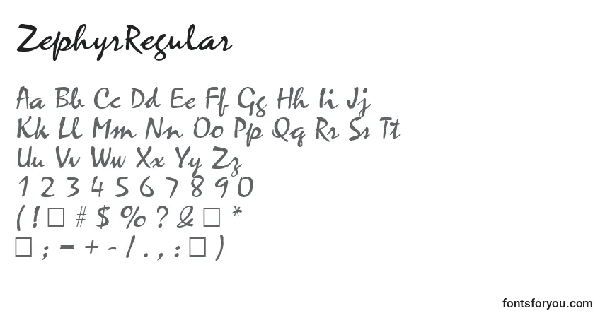 Czcionka ZephyrRegular – alfabet, cyfry, specjalne znaki
