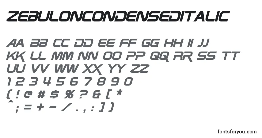 Czcionka ZebulonCondensedItalic – alfabet, cyfry, specjalne znaki