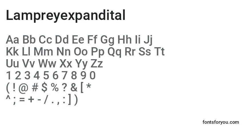 Schriftart Lampreyexpandital – Alphabet, Zahlen, spezielle Symbole