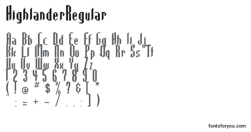 A fonte HighlanderRegular – alfabeto, números, caracteres especiais