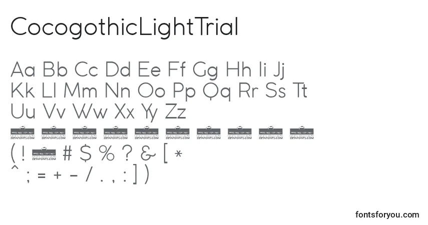 Czcionka CocogothicLightTrial – alfabet, cyfry, specjalne znaki