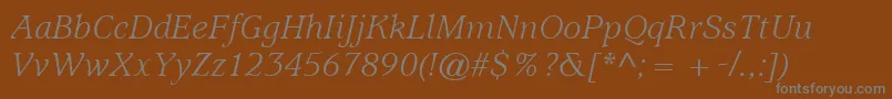 ItcUsherwoodLtBookItalic-fontti – harmaat kirjasimet ruskealla taustalla