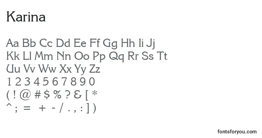 A fonte Karina – alfabeto, números, caracteres especiais