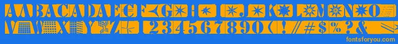 フォントStencilbricksmk – オレンジ色の文字が青い背景にあります。