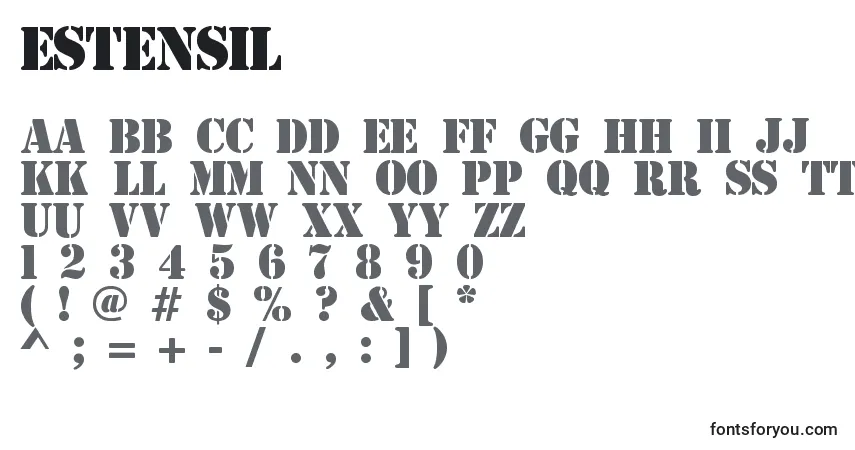 Schriftart Estensil – Alphabet, Zahlen, spezielle Symbole