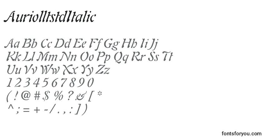 Czcionka AuriolltstdItalic – alfabet, cyfry, specjalne znaki