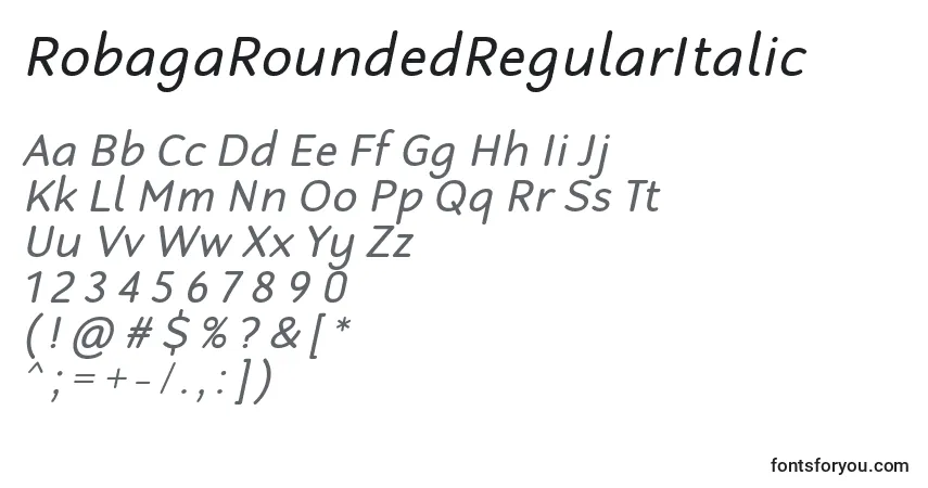 Schriftart RobagaRoundedRegularItalic – Alphabet, Zahlen, spezielle Symbole