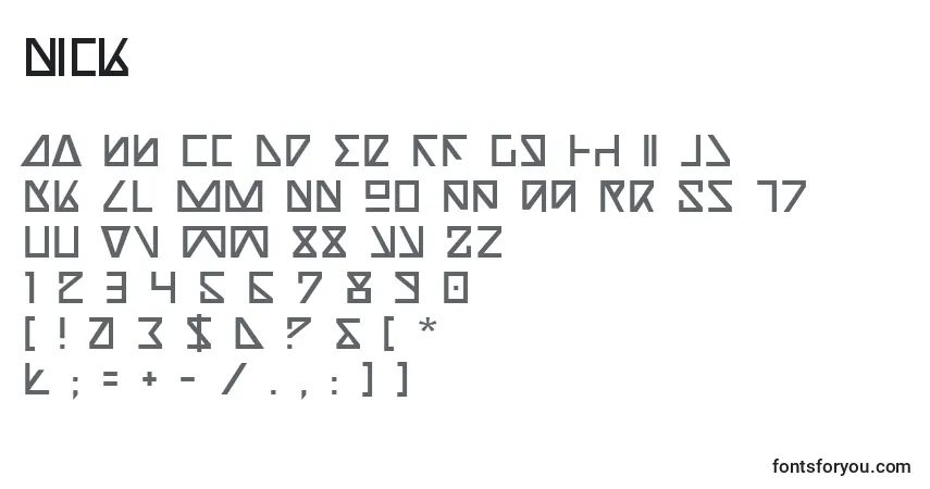 Czcionka Nick – alfabet, cyfry, specjalne znaki