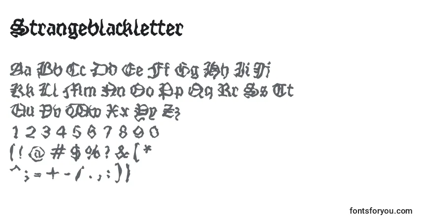 Czcionka Strangeblackletter – alfabet, cyfry, specjalne znaki