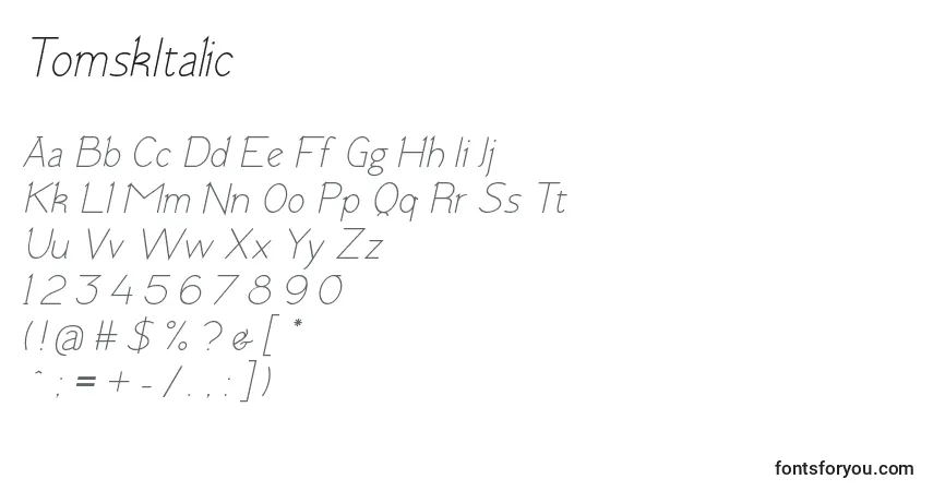 Schriftart TomskItalic – Alphabet, Zahlen, spezielle Symbole