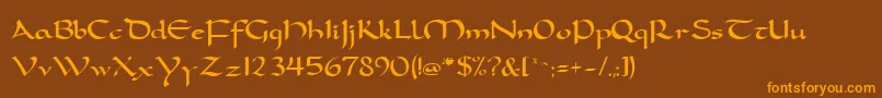 フォントFeatherquillMedium – オレンジ色の文字が茶色の背景にあります。