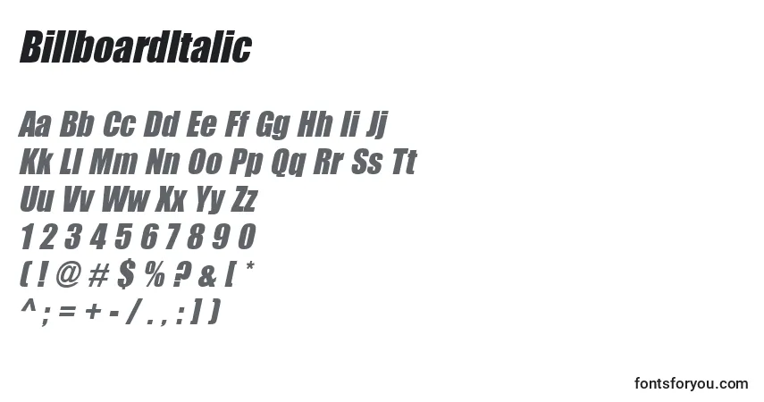 A fonte BillboardItalic – alfabeto, números, caracteres especiais