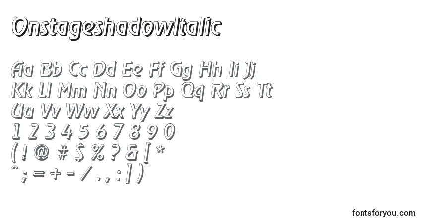 Czcionka OnstageshadowItalic – alfabet, cyfry, specjalne znaki
