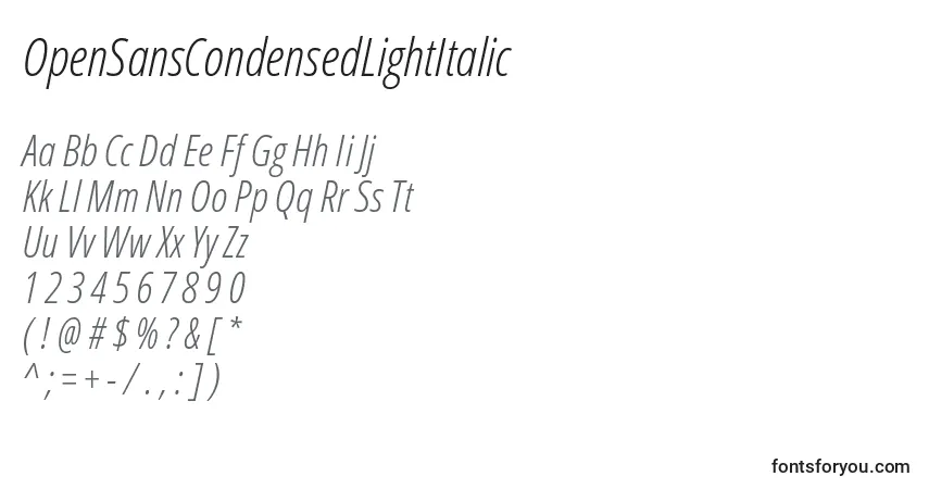 Шрифт OpenSansCondensedLightItalic – алфавит, цифры, специальные символы
