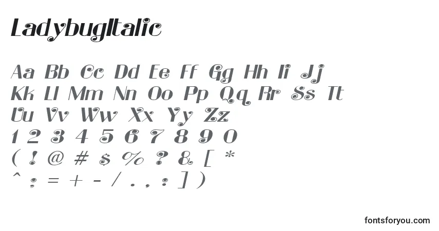 Czcionka LadybugItalic – alfabet, cyfry, specjalne znaki