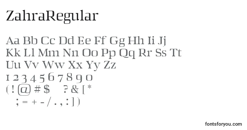 Schriftart ZahraRegular – Alphabet, Zahlen, spezielle Symbole