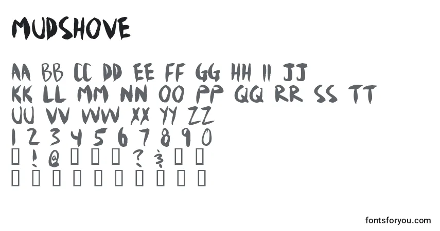 Czcionka Mudshove – alfabet, cyfry, specjalne znaki