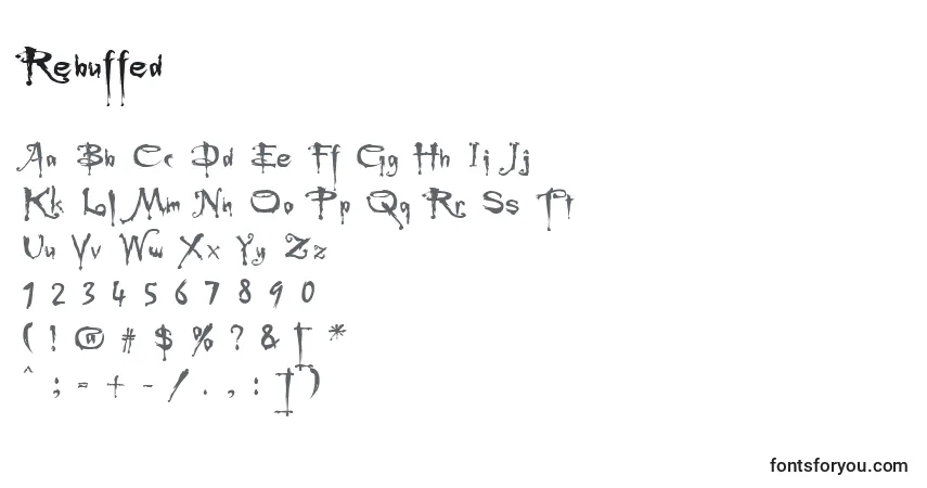 Czcionka Rebuffed – alfabet, cyfry, specjalne znaki