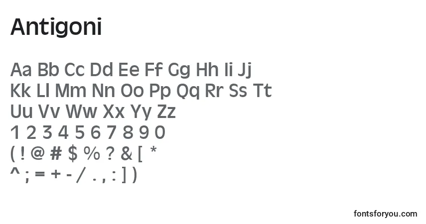 Antigoni-fontti – aakkoset, numerot, erikoismerkit
