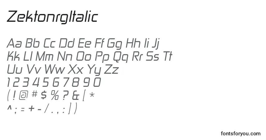 A fonte ZektonrgItalic – alfabeto, números, caracteres especiais