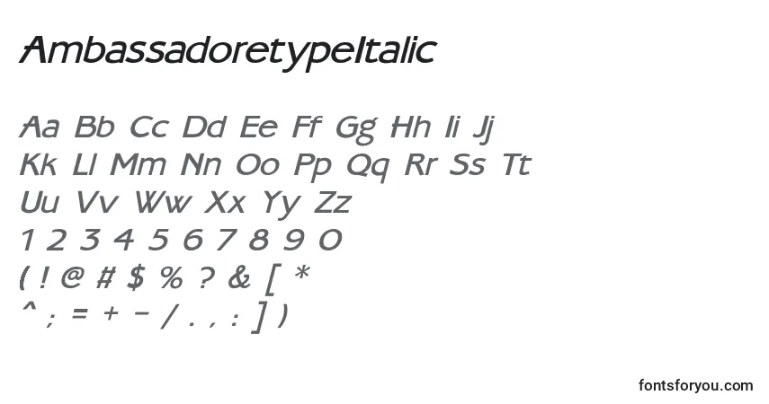 Шрифт AmbassadoretypeItalic – алфавит, цифры, специальные символы
