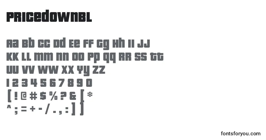 A fonte PricedownBl – alfabeto, números, caracteres especiais