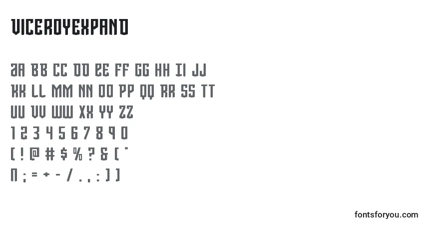 Czcionka Viceroyexpand – alfabet, cyfry, specjalne znaki