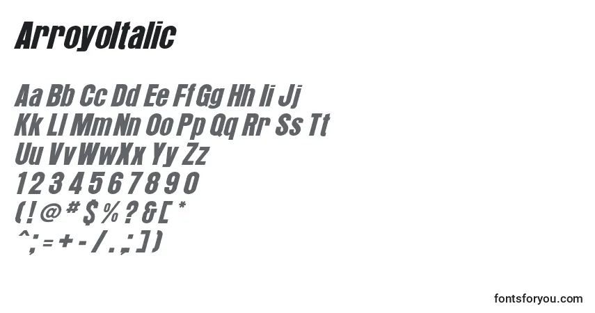 Czcionka ArroyoItalic – alfabet, cyfry, specjalne znaki