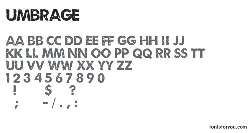 Umbrage-fontti – aakkoset, numerot, erikoismerkit