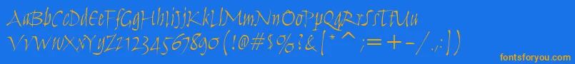 フォントHumanaScriptItcTtLight – オレンジ色の文字が青い背景にあります。