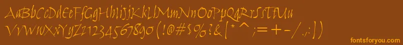 フォントHumanaScriptItcTtLight – オレンジ色の文字が茶色の背景にあります。