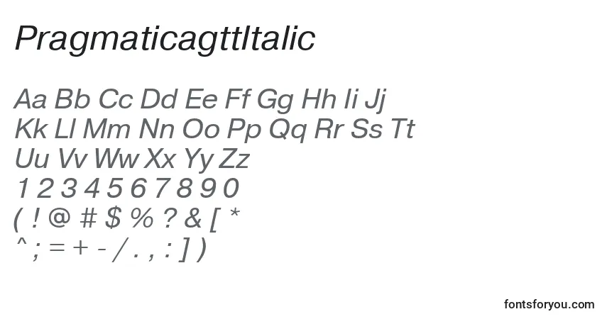 A fonte PragmaticagttItalic – alfabeto, números, caracteres especiais