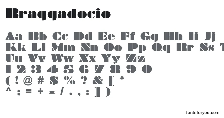 Czcionka Braggadocio – alfabet, cyfry, specjalne znaki