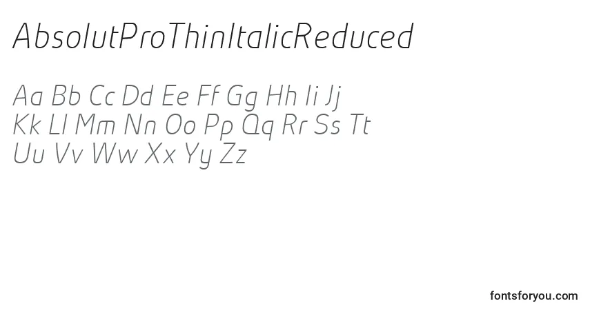Schriftart AbsolutProThinItalicReduced (98393) – Alphabet, Zahlen, spezielle Symbole