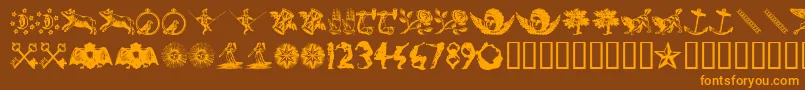 InfiniteDingbats-Schriftart – Orangefarbene Schriften auf braunem Hintergrund