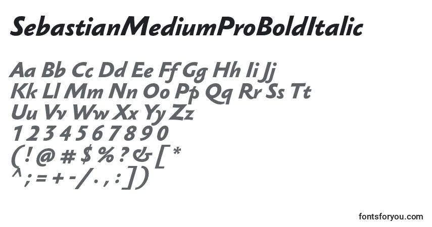A fonte SebastianMediumProBoldItalic – alfabeto, números, caracteres especiais
