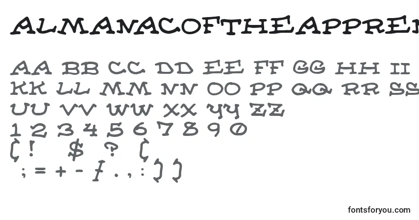 Czcionka AlmanacOfTheApprentice – alfabet, cyfry, specjalne znaki