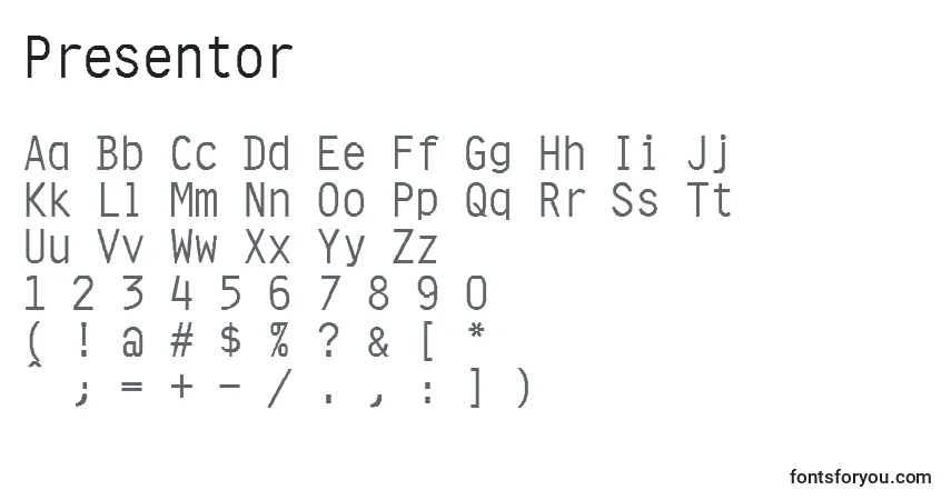 Fuente Presentor - alfabeto, números, caracteres especiales