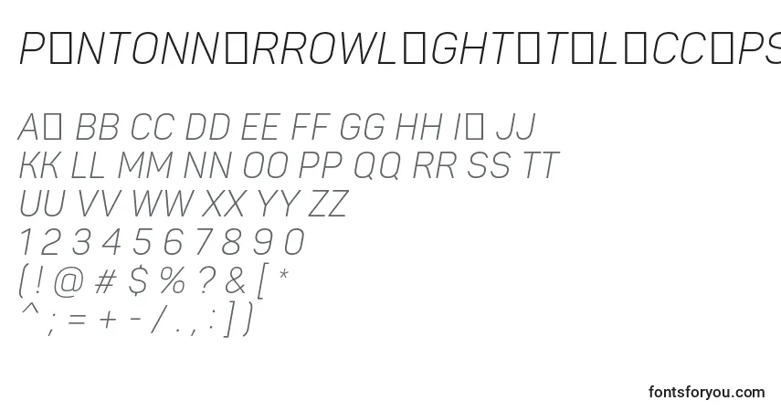 A fonte PantonnarrowLightitaliccaps – alfabeto, números, caracteres especiais