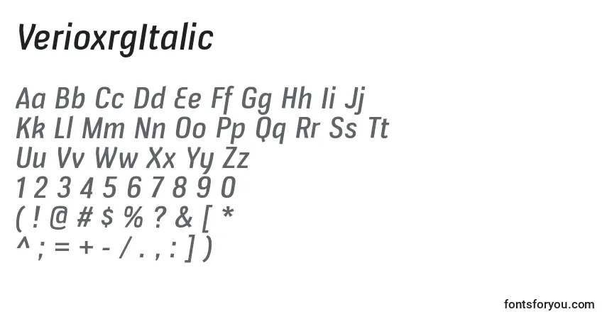 A fonte VerioxrgItalic – alfabeto, números, caracteres especiais