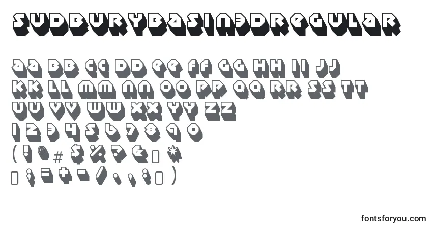 Czcionka Sudburybasin3DRegular – alfabet, cyfry, specjalne znaki
