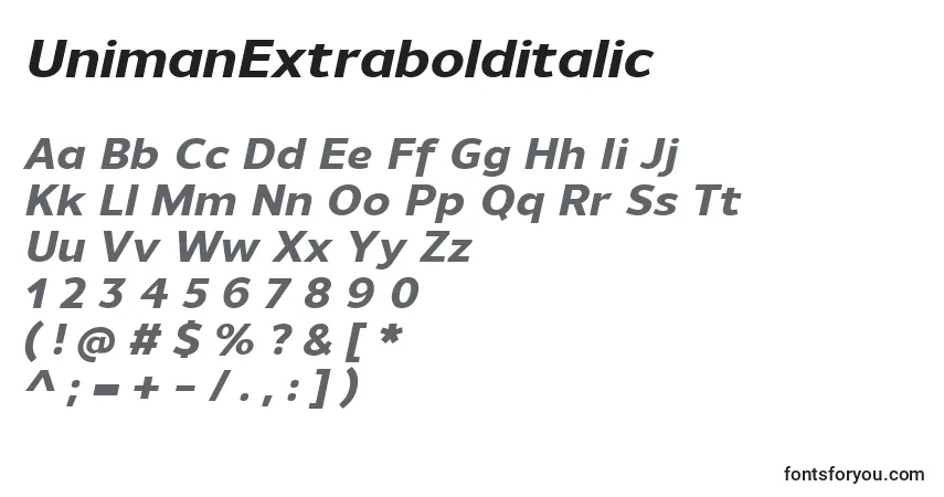 Schriftart UnimanExtrabolditalic – Alphabet, Zahlen, spezielle Symbole