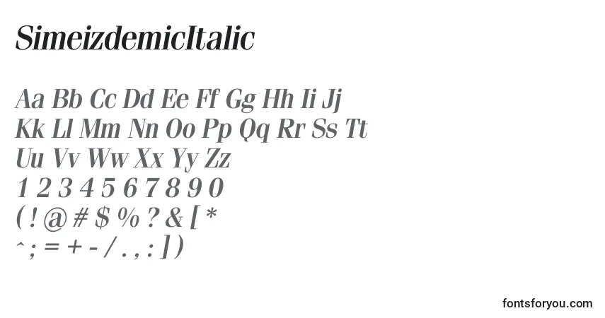 Schriftart SimeizdemicItalic – Alphabet, Zahlen, spezielle Symbole