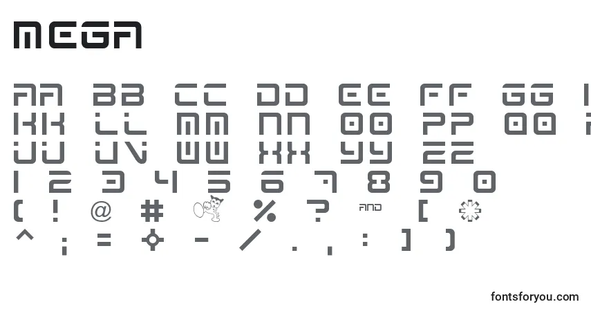 A fonte Mega – alfabeto, números, caracteres especiais